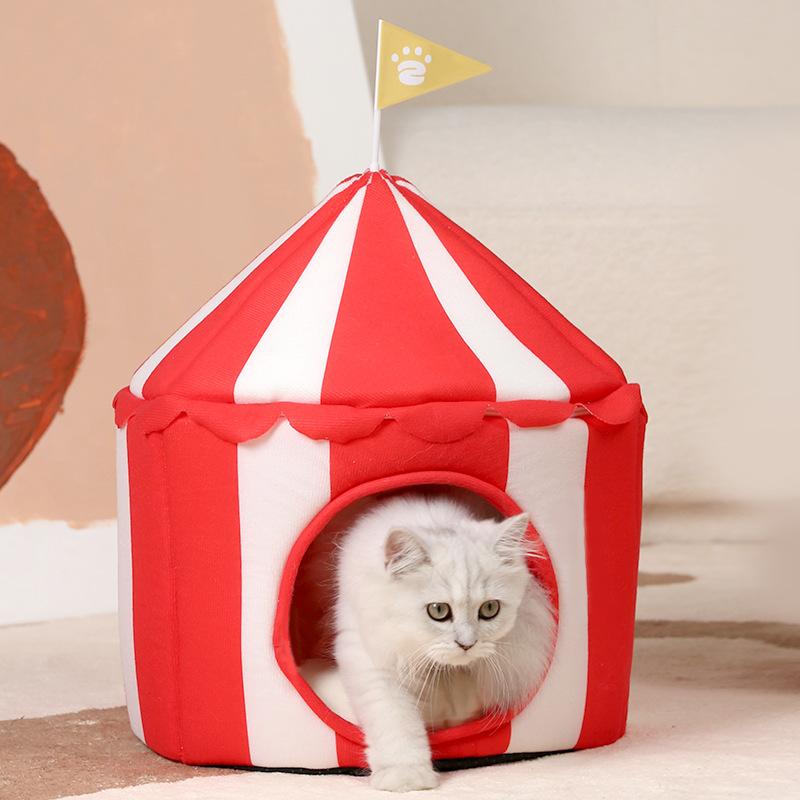 Cute Red White Circus Tent Cat Bed Indoor Pet Nest