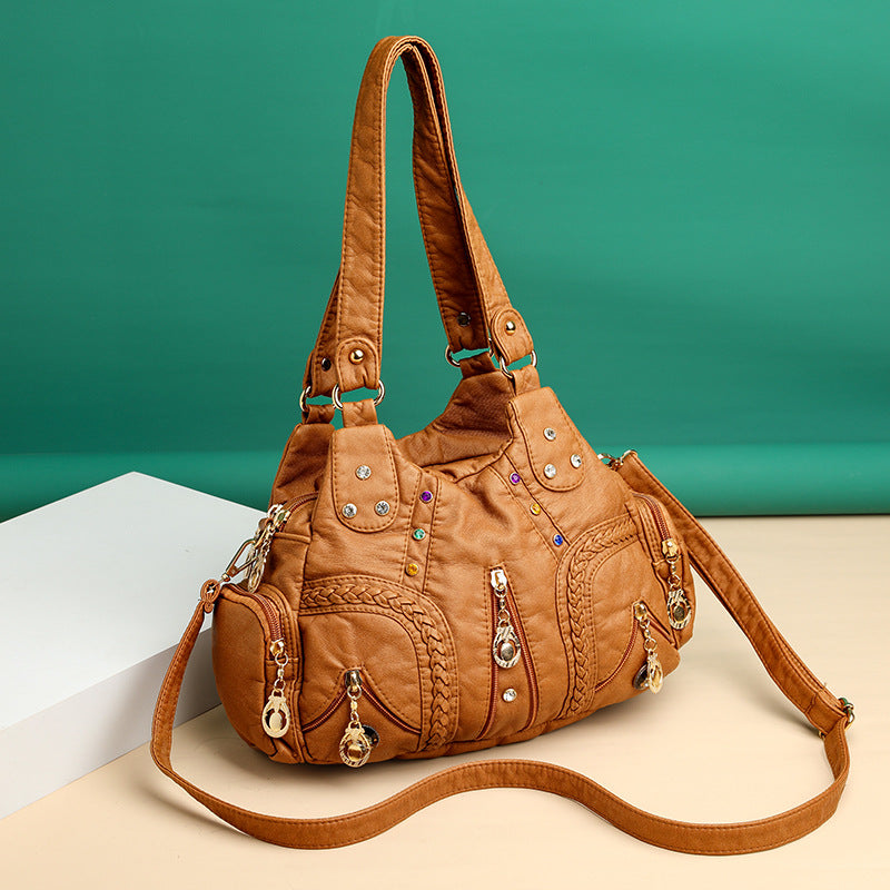 Colored Mosaic Large Capacity Multi-Layer Washed Leather Handbag