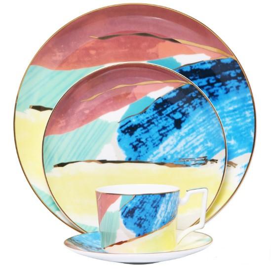 Watercolour Colourful Ceramic Handmade Dinner Plates Cup Saucer