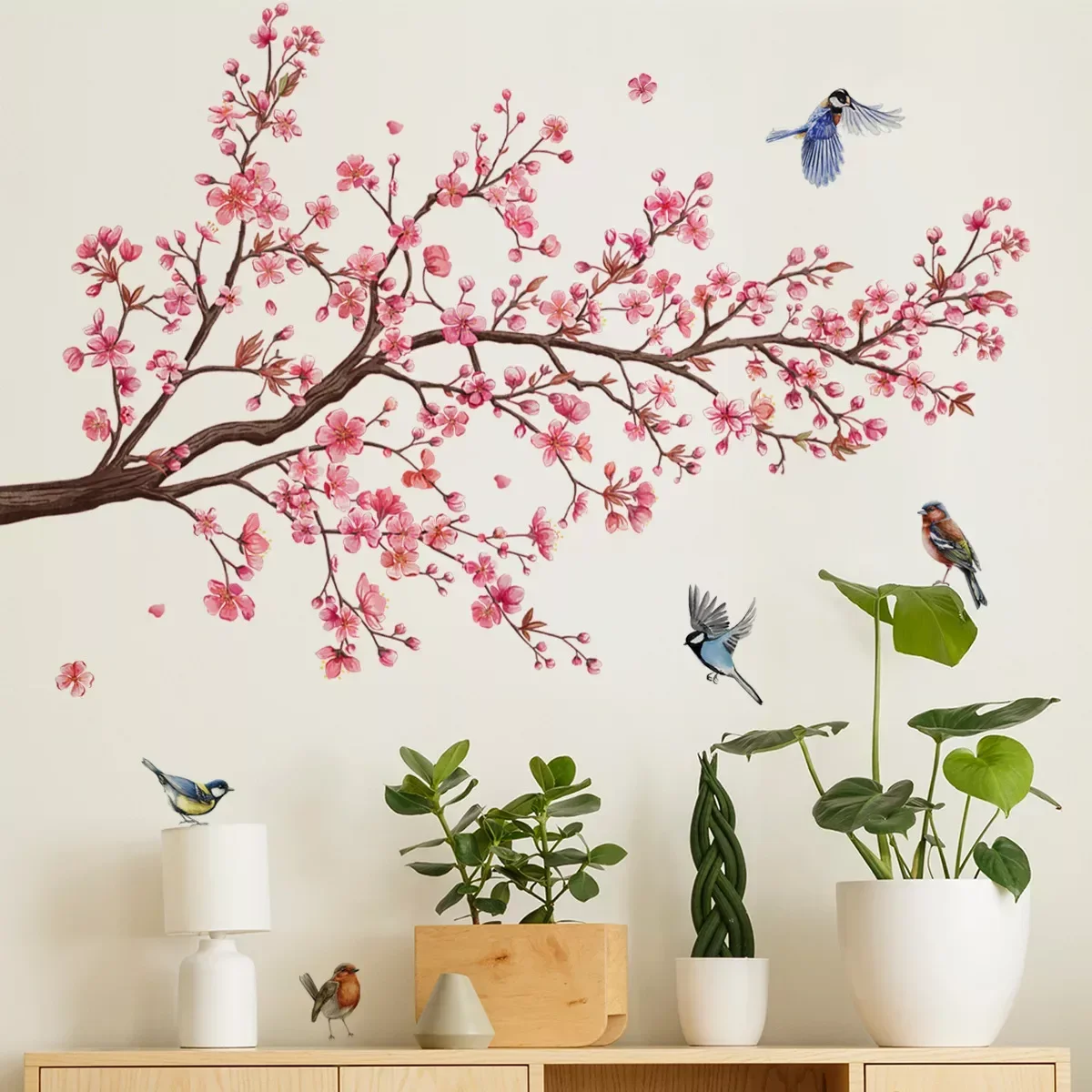 Wall Stickers Pink Plum Tree Birds Home Room Decoration Poster Bedroom Adhesive Wallpaper Furniture House Interior