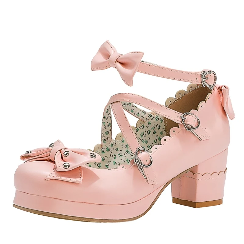 Reave Cat Women Mary Janes Pumps Cute Bowtie Princess Lolita Shoes Ladies Square High Heel Wedding Cosplay Big Size 48