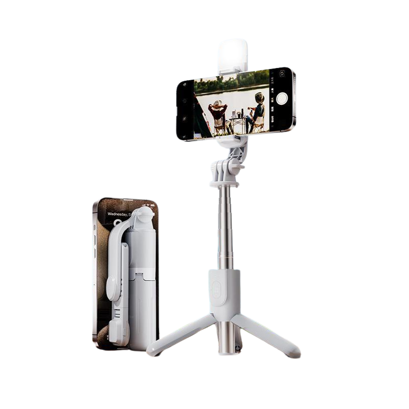 Elosung White With Light Selfie Stick Tripod Bluetooth Remote Compact And