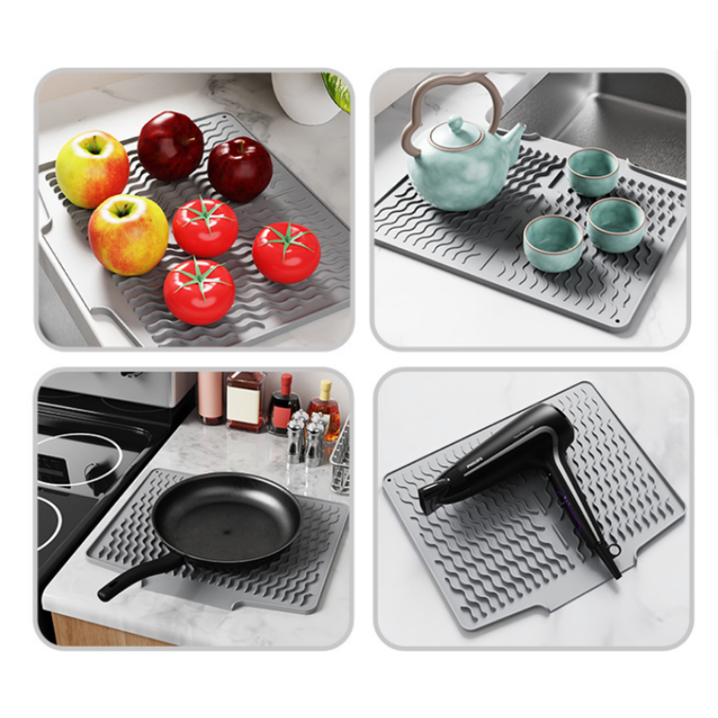 Black Silicone Dish Drying Mat Non Slip Draining Pad For Sink Heat Resistant And Water Absorbent Ideal Dishes Cups Utens