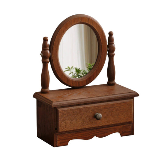 Round Mirror With Drawer Orbicular Wooden Tabletop Vanity Elegant Design
