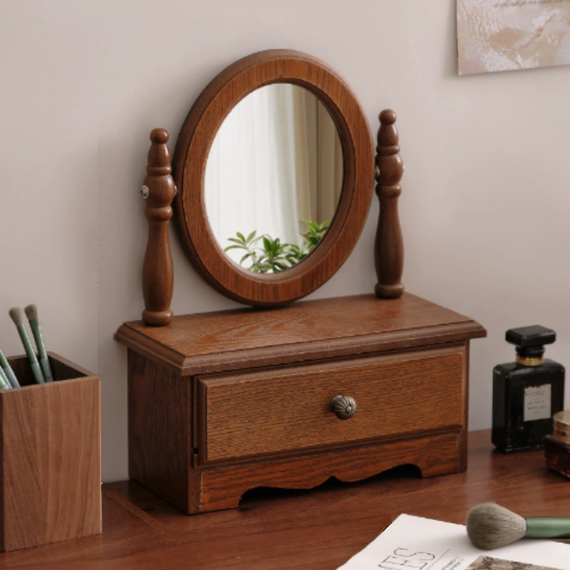 Round Mirror With Drawer Orbicular Wooden Tabletop Vanity Elegant Design