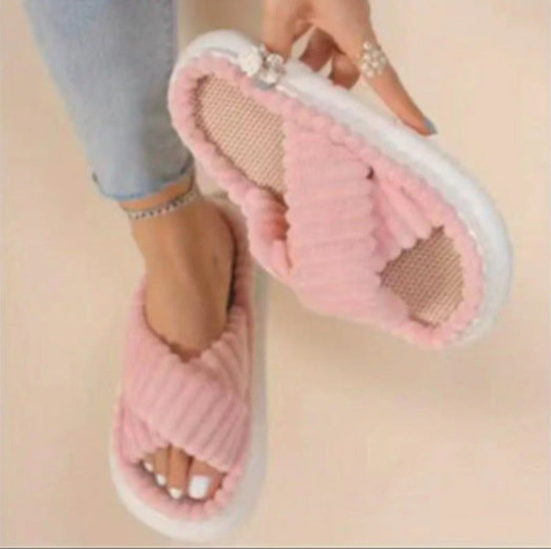 Fluffy Slippers Soft Criss-Cross Straight Designs
