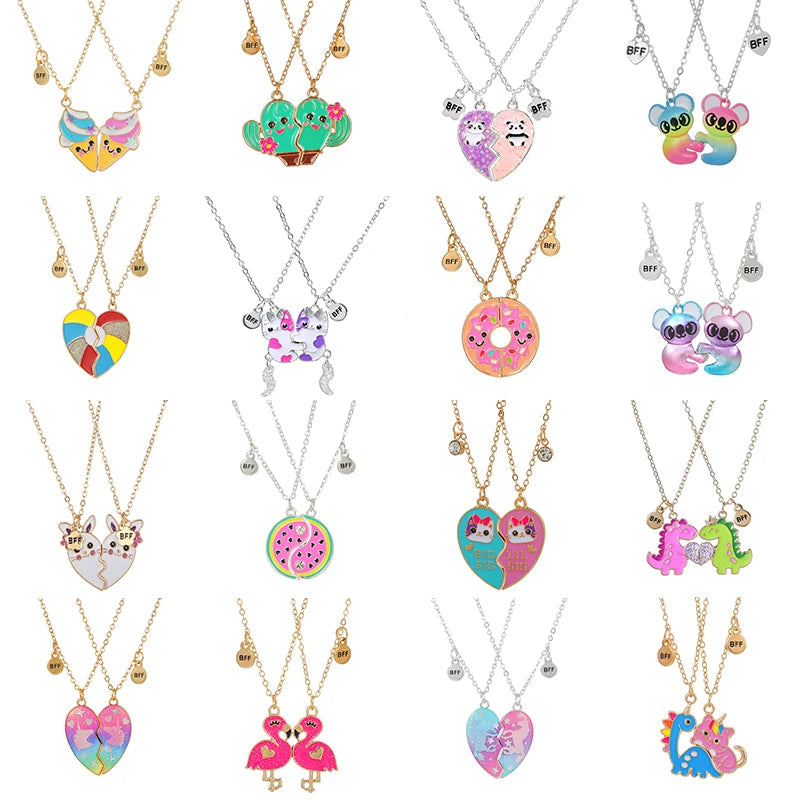 2 Pieces Heart Shaped Cat Unicorn Koala Bear Pendant Necklace For Kids Friendship Jewellery