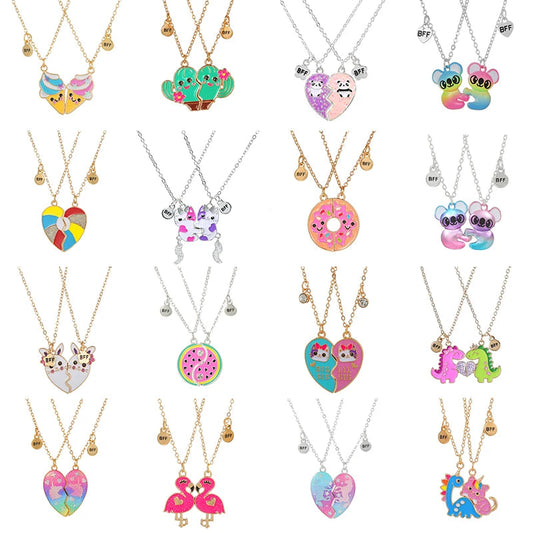 2 Pieces Heart Shaped Cat Unicorn Koala Bear Pendant Necklace For Kids Friendship Jewellery