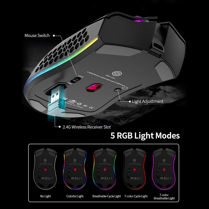 2.4Ghz Wireless Gaming Mouse Rechargeable With Rgb Light Effect 3 Dpi Hollowed Out Honeycomb Mice For Pc