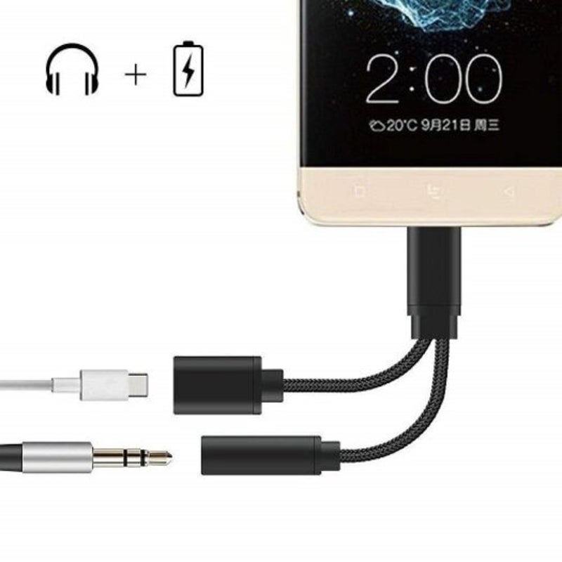 2 In 1 Usb 3.1 Type C Charger 3.5 Mm Audio Headphone Jack Adapter Cable Black