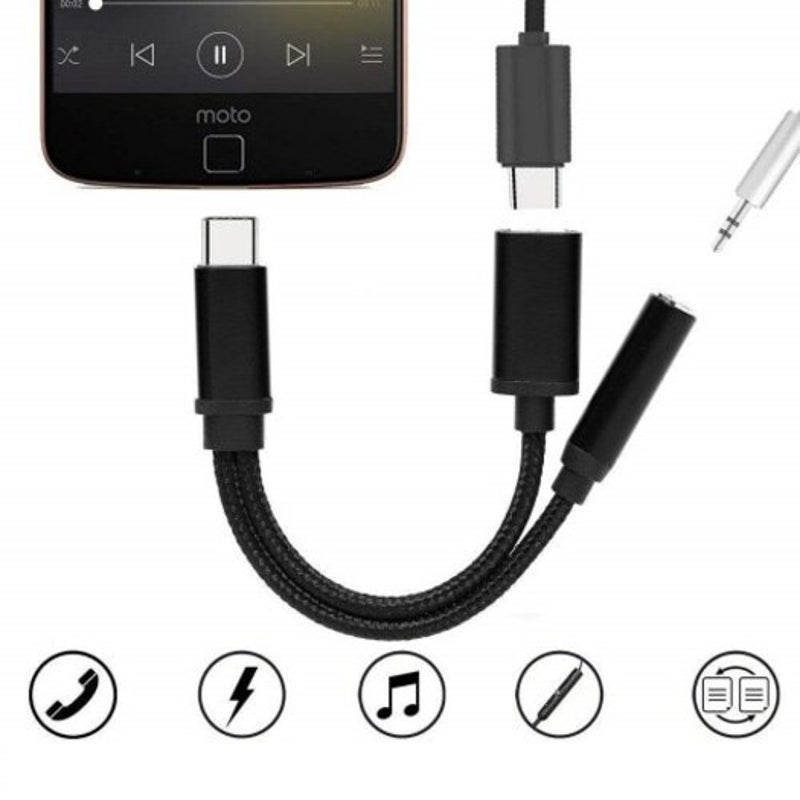 2 In 1 Usb 3.1 Type C Charger 3.5 Mm Audio Headphone Jack Adapter Cable Black