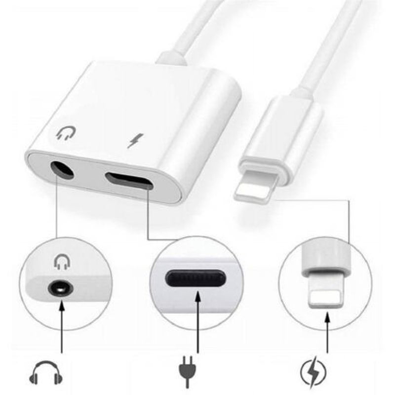 2 In1 3.5Mm Headphone Audio Jack Charger Adapter For Iphone X / 8 Plus 7 White