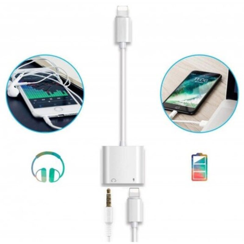2 In1 3.5Mm Headphone Audio Jack Charger Adapter For Iphone X / 8 Plus 7 White