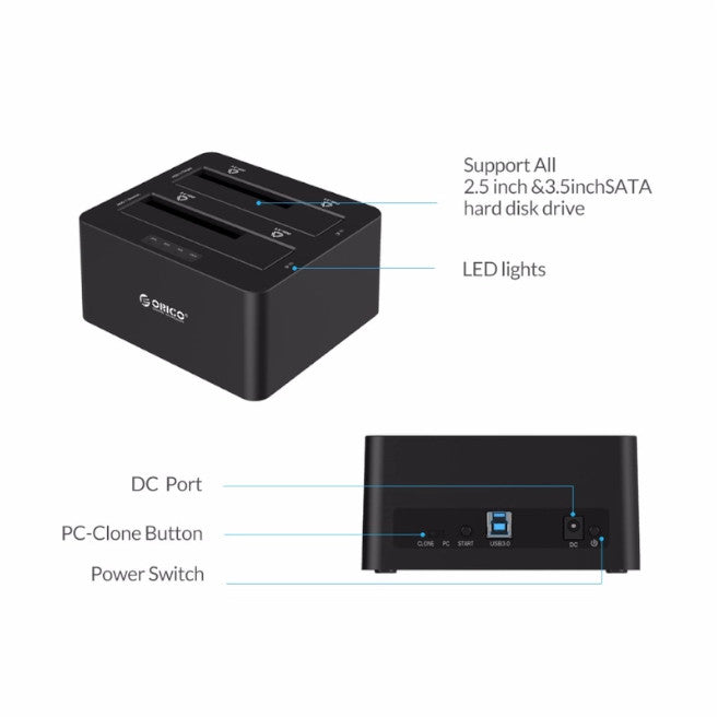 2 Bay Sata To Usb3.0 External Hard Drive Docking Station Hdd Enclosure Black
