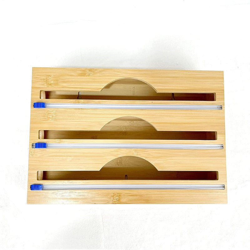 3 Sections Bamboo Food Wrap Holder Foil Cling Film Cutter