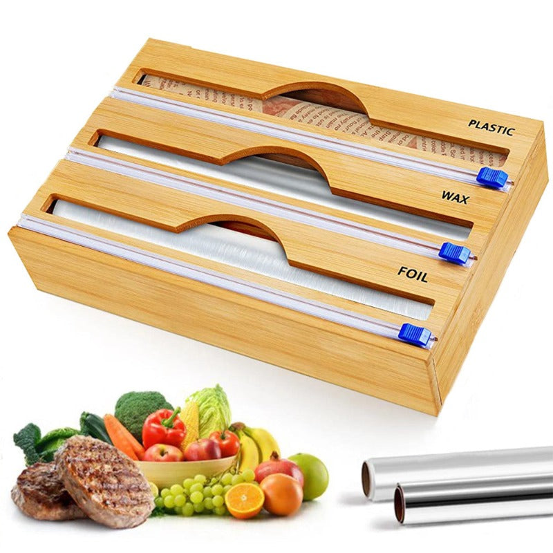 3 Sections Bamboo Food Wrap Holder Foil Cling Film Cutter