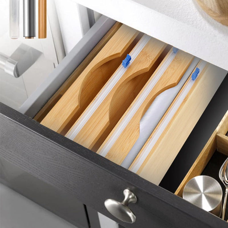 3 Sections Bamboo Food Wrap Holder Foil Cling Film Cutter