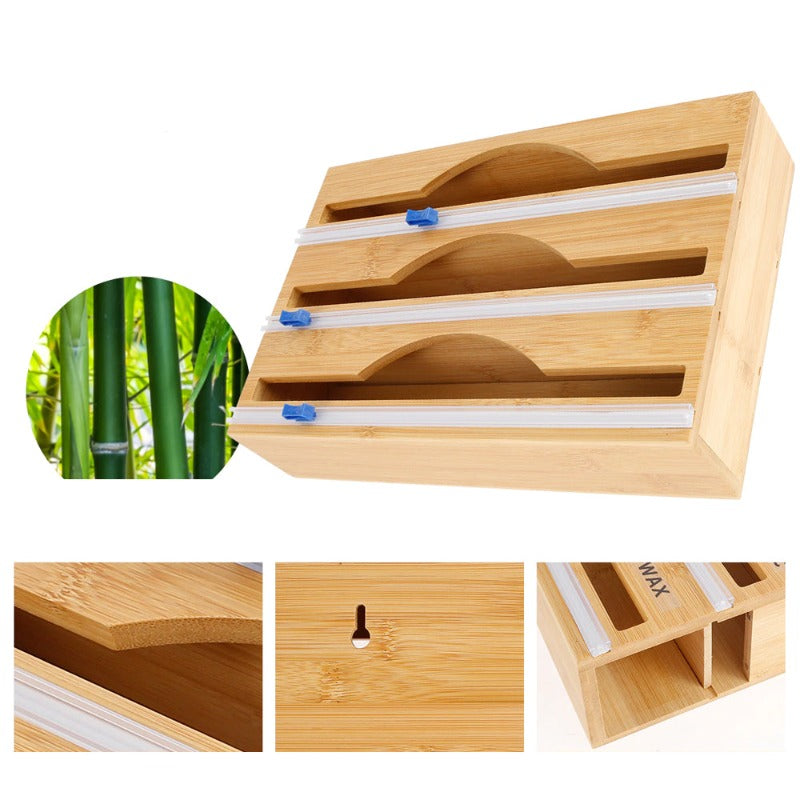 3 Sections Bamboo Food Wrap Holder Foil Cling Film Cutter
