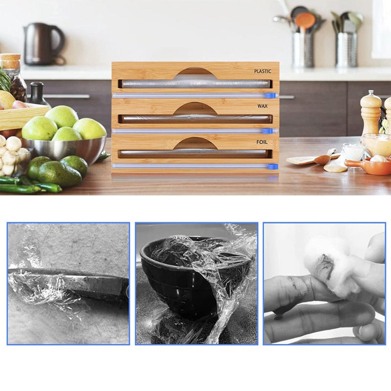 3 Sections Bamboo Food Wrap Holder Foil Cling Film Cutter