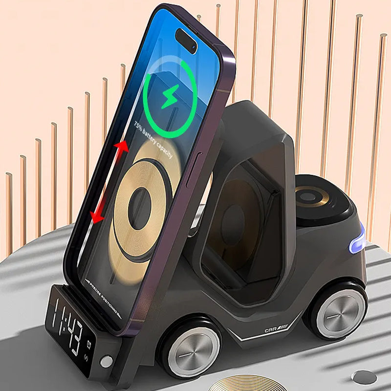 3 In 1 Fast Charging Wireless Charger With Digital Clock Display-Type-C Plugged-In