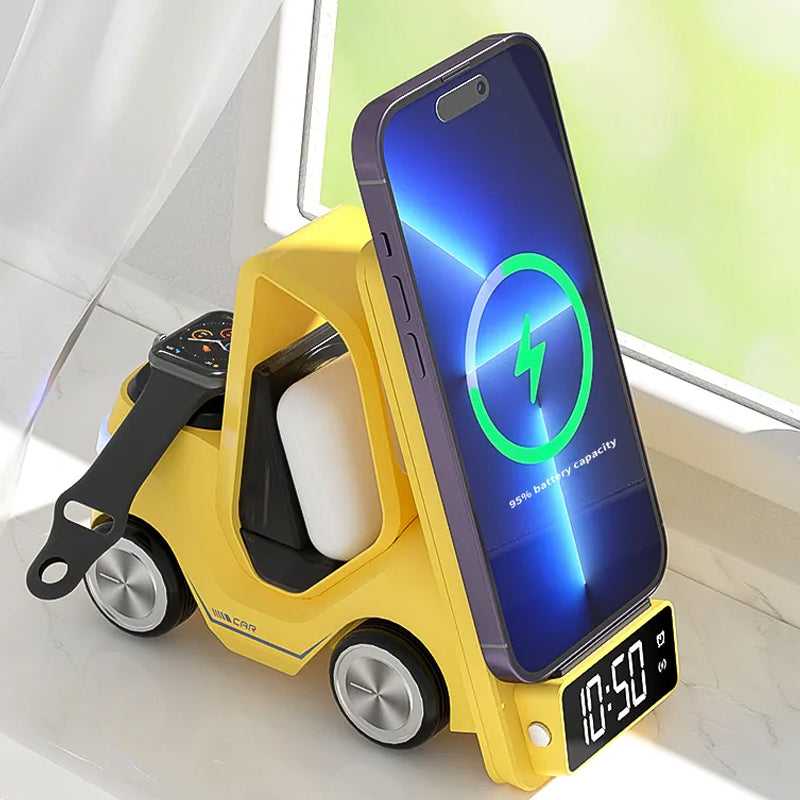 3 In 1 Fast Charging Wireless Charger With Digital Clock Display-Type-C Plugged-In