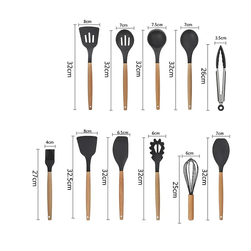 12Pcs Heat-Resistant Silicone And Wood Kitchen Cooking Utensil Set