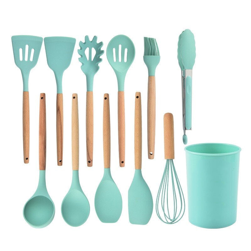12Pcs Heat-Resistant Silicone And Wood Kitchen Cooking Utensil Set