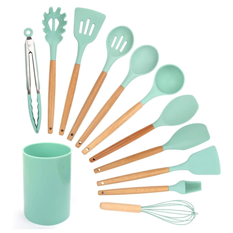 12Pcs Heat-Resistant Silicone And Wood Kitchen Cooking Utensil Set