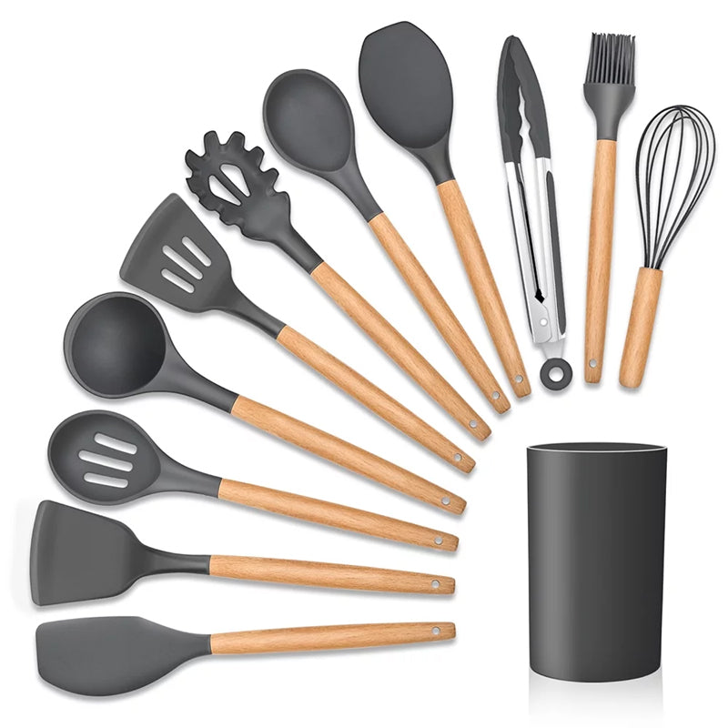 12Pcs Heat-Resistant Silicone And Wood Kitchen Cooking Utensil Set