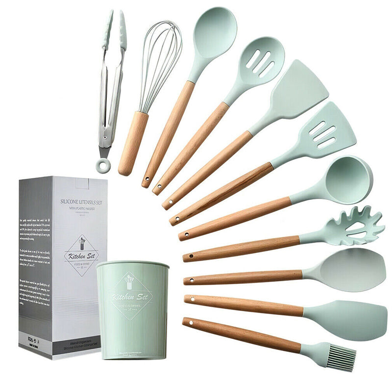 12Pcs Heat-Resistant Silicone And Wood Kitchen Baking Cooking Utensil Set