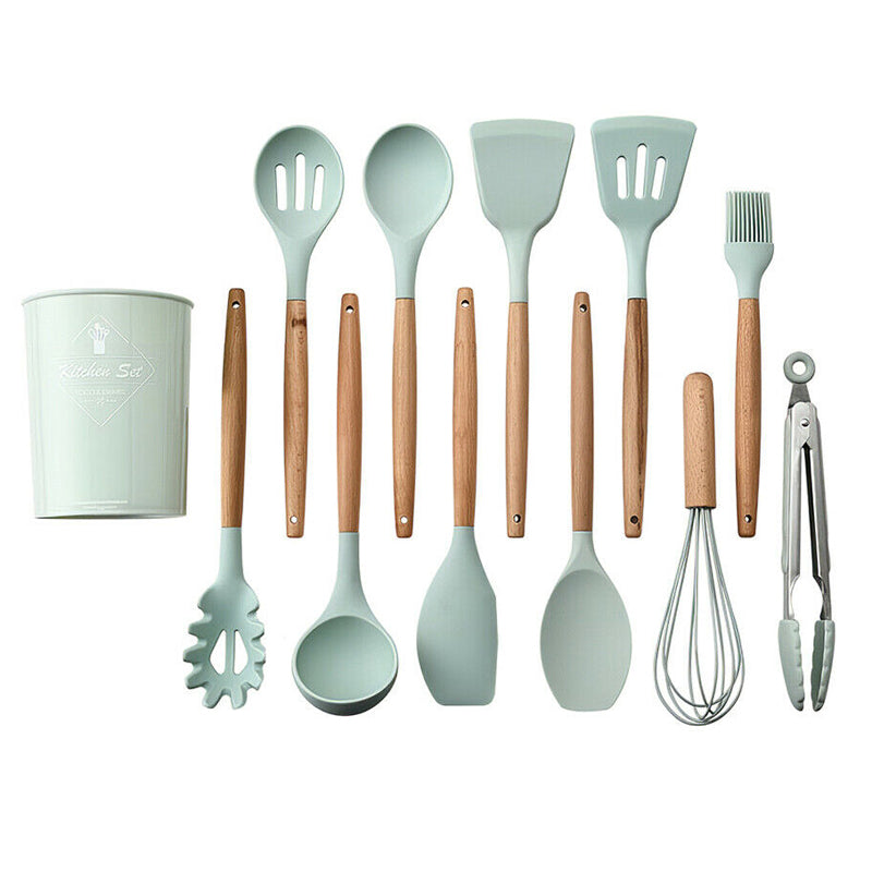 12Pcs Heat-Resistant Silicone And Wood Kitchen Baking Cooking Utensil Set