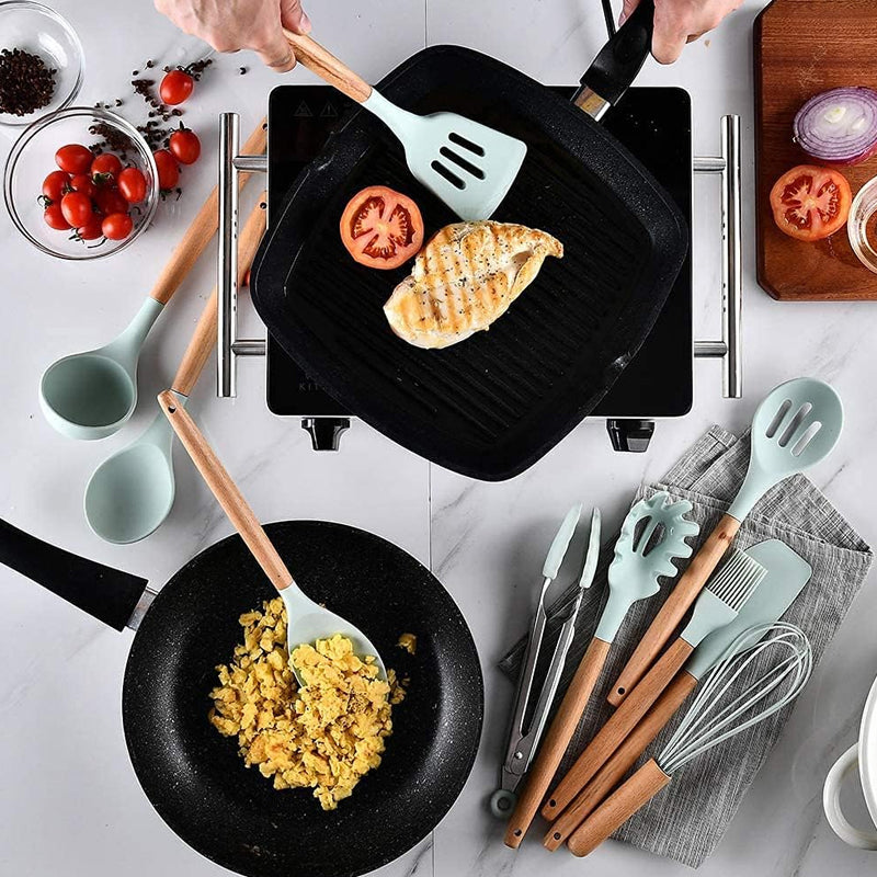 12Pcs Heat-Resistant Silicone And Wood Kitchen Baking Cooking Utensil Set