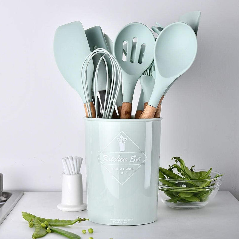 12Pcs Heat-Resistant Silicone And Wood Kitchen Baking Cooking Utensil Set