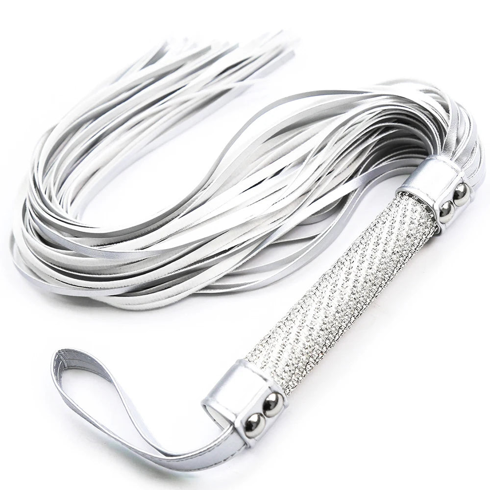 Silver Premium Pu Leather Horse Whips Training Crystal Handle Wrist Strap