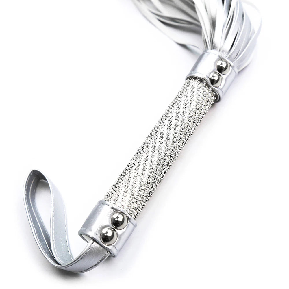 Silver Premium Pu Leather Horse Whips Training Crystal Handle Wrist Strap
