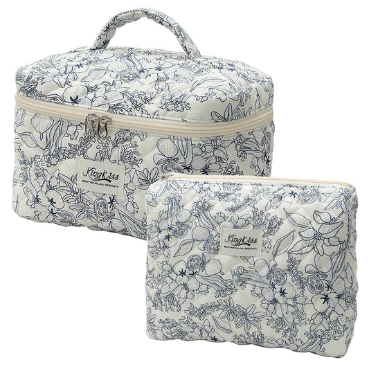 Quilted Floral Makeup Bag Set For Travel Coquette Aesthetic Cosmetic Bags (2-Piece)