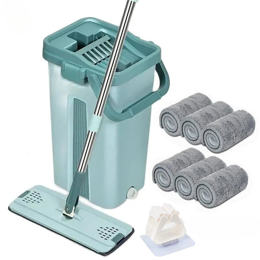 Wet Or Dry Usage Hands Free Mopping System With Bucket And Microfiber Pads