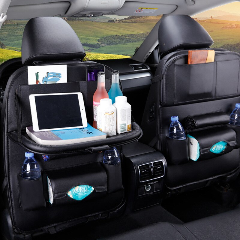 Pu Leather Foldable Car Seat Organizer With Table Tray And Pockets
