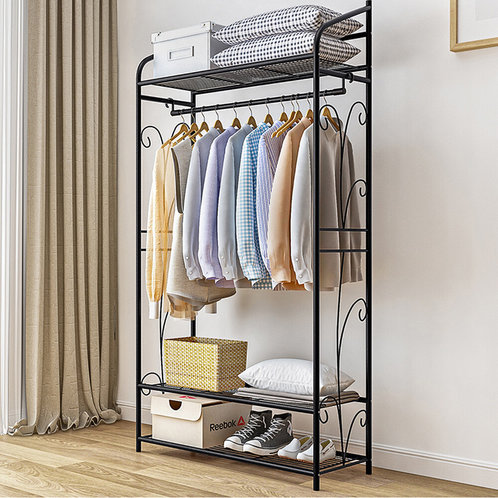 Black Metal Heavy Duty Clothes Rail Rack With 2 Shelf Storage Shelves