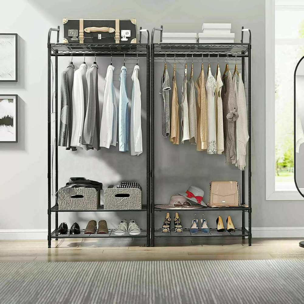 Black Metal Heavy Duty Clothes Rail Rack With 2 Shelf Storage Shelves