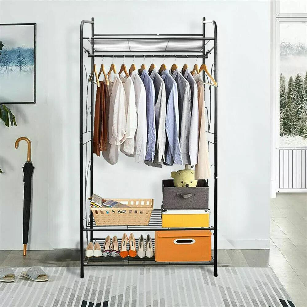 Black Metal Heavy Duty Clothes Rail Rack With 2 Shelf Storage Shelves