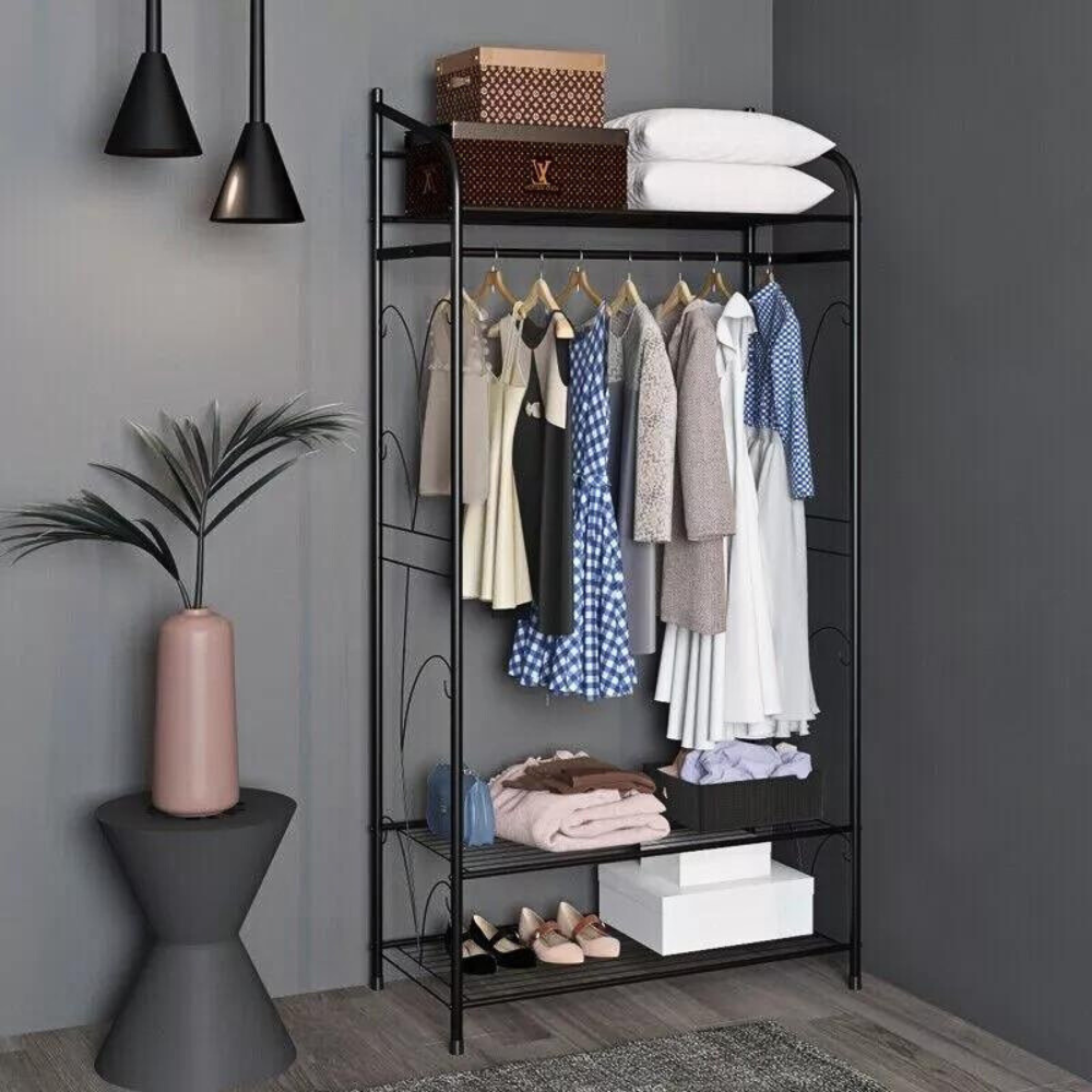 Black Metal Heavy Duty Clothes Rail Rack With 2 Shelf Storage Shelves