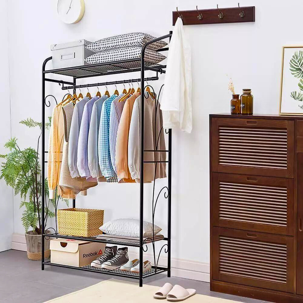 Black Metal Heavy Duty Clothes Rail Rack With 2 Shelf Storage Shelves