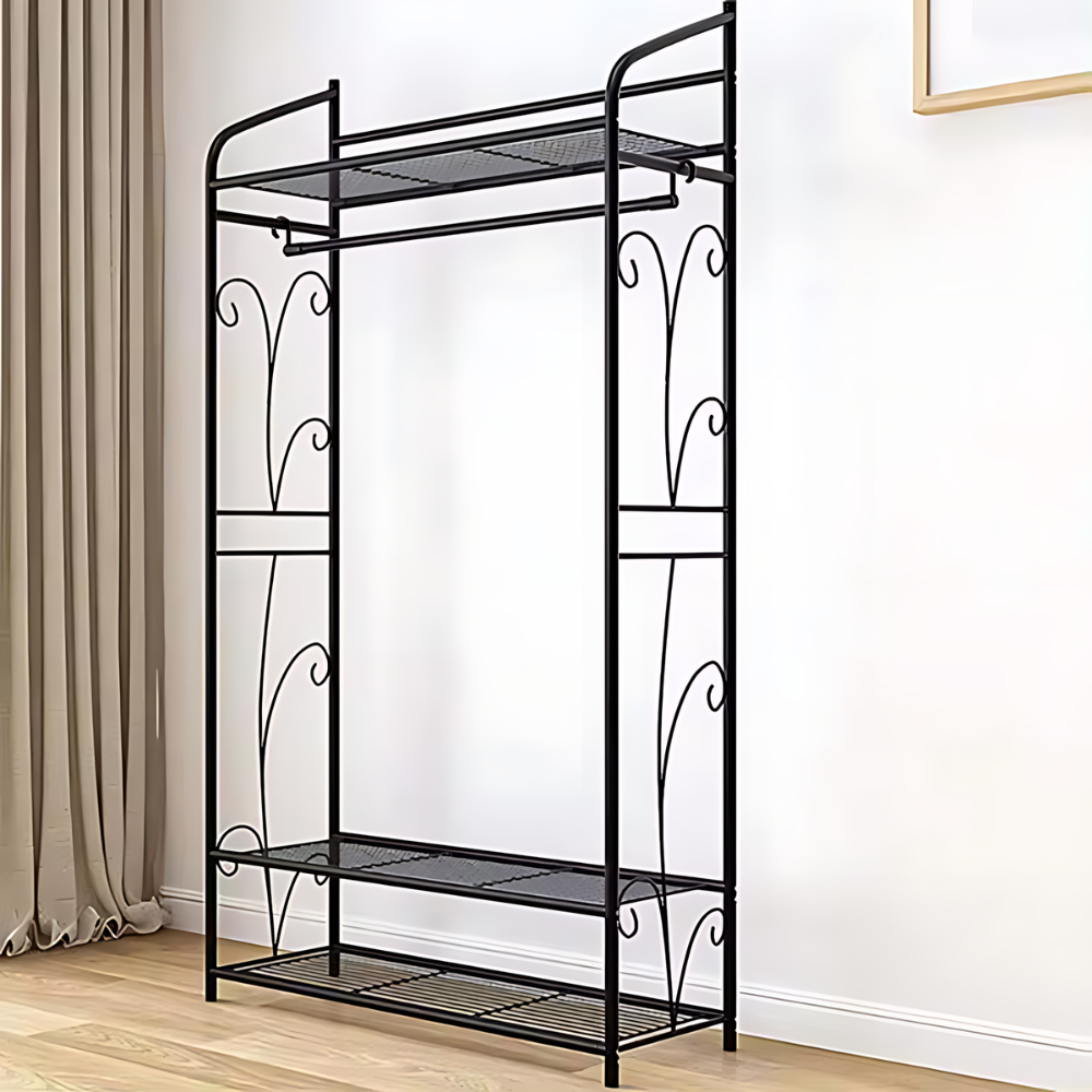 Black Metal Heavy Duty Clothes Rail Rack With 2 Shelf Storage Shelves