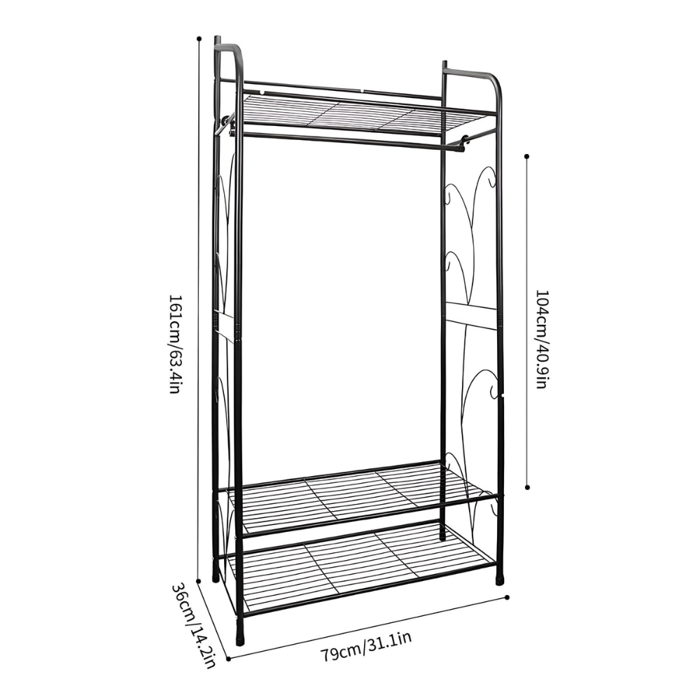 Black Metal Heavy Duty Clothes Rail Rack With 2 Shelf Storage Shelves