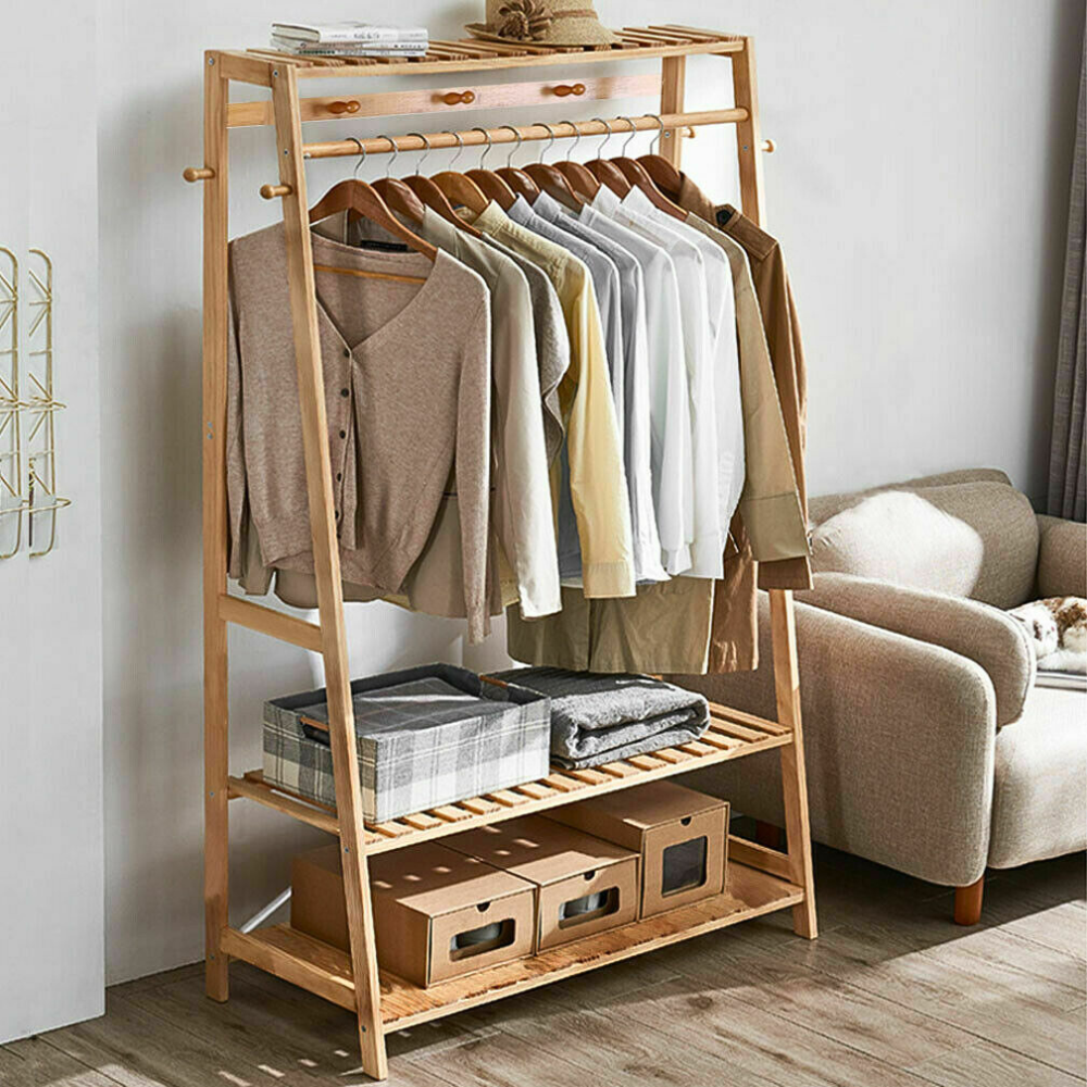 Bamboo Garment Coat Clothes Rack With Top Shelf And 2 Tier Shoe Organizer Shelves