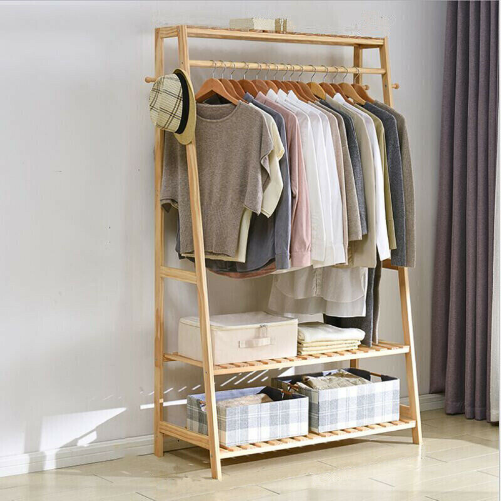 Bamboo Garment Coat Clothes Rack With Top Shelf And 2 Tier Shoe Organizer Shelves