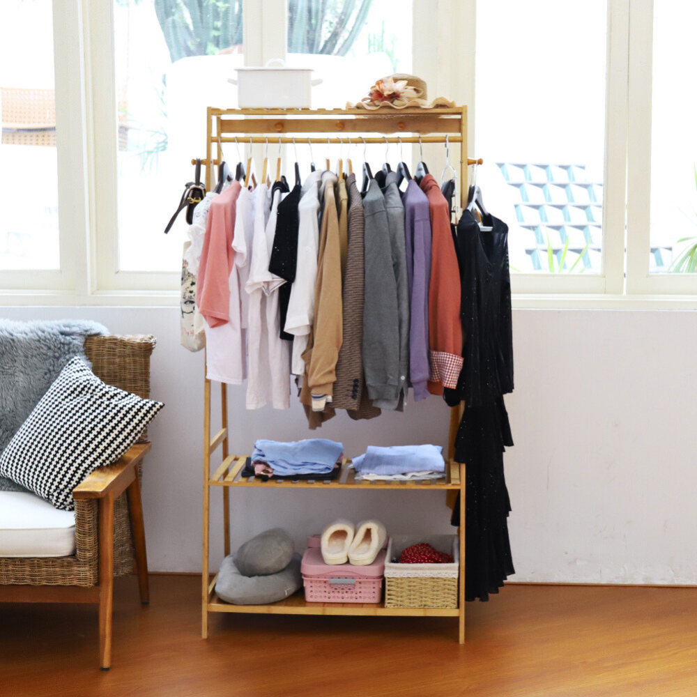 Bamboo Garment Coat Clothes Rack With Top Shelf And 2 Tier Shoe Organizer Shelves