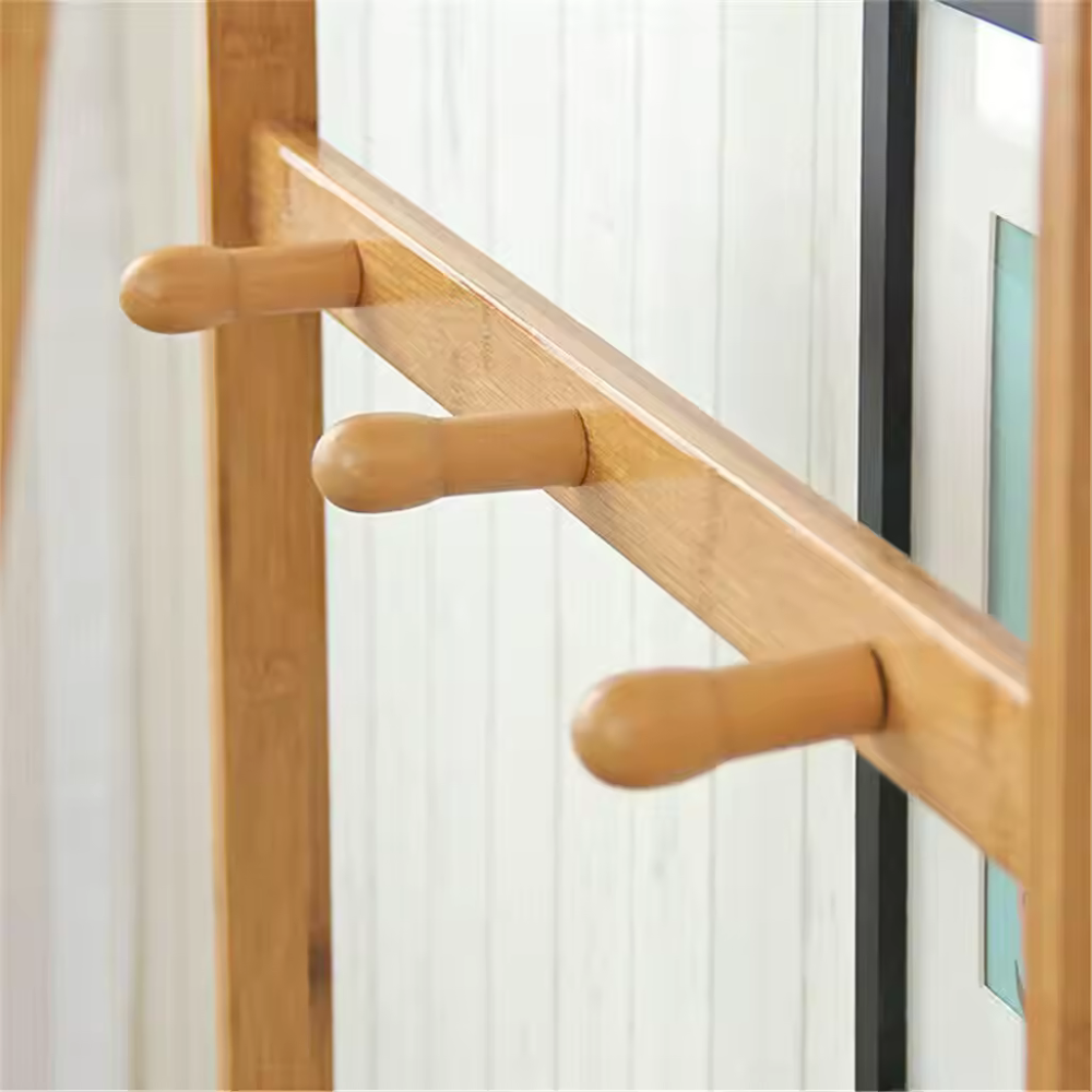 Bamboo Garment Coat Clothes Rack With Top Shelf And 2 Tier Shoe Organizer Shelves