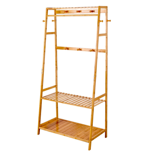 Bamboo Garment Coat Clothes Rack With Top Shelf And 2 Tier Shoe Organizer Shelves